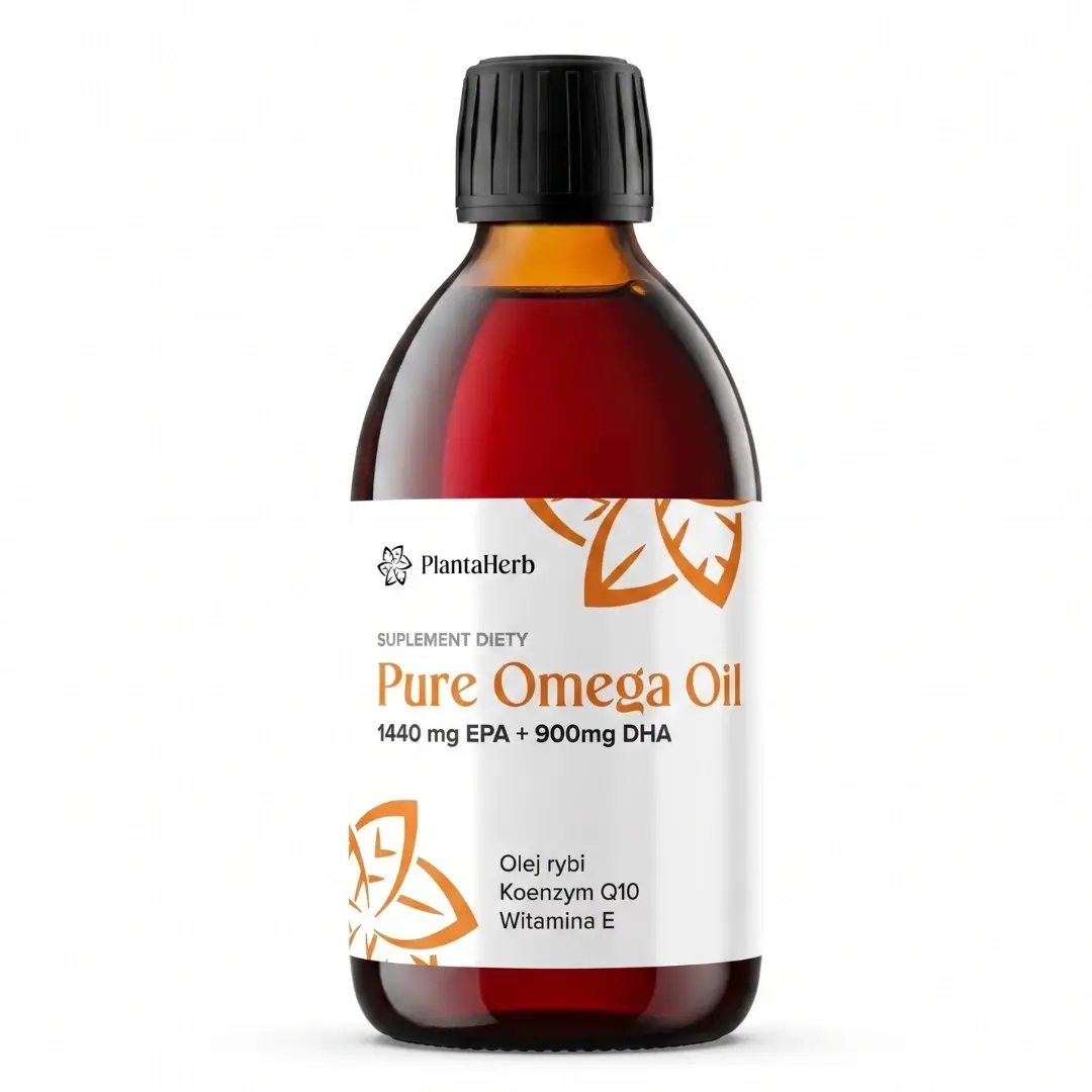 Butelka suplementu diety Pure Omega Oil + Q10 PlantaHerb – olej z sardeli peruwiańskiej z koenzymem Q10