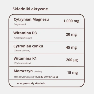 Tabela składników Daily Support: 160 mg magnezu, nattokinaza, cynk, D3 2000 IU, 150 µg jodu, K2 MK-7