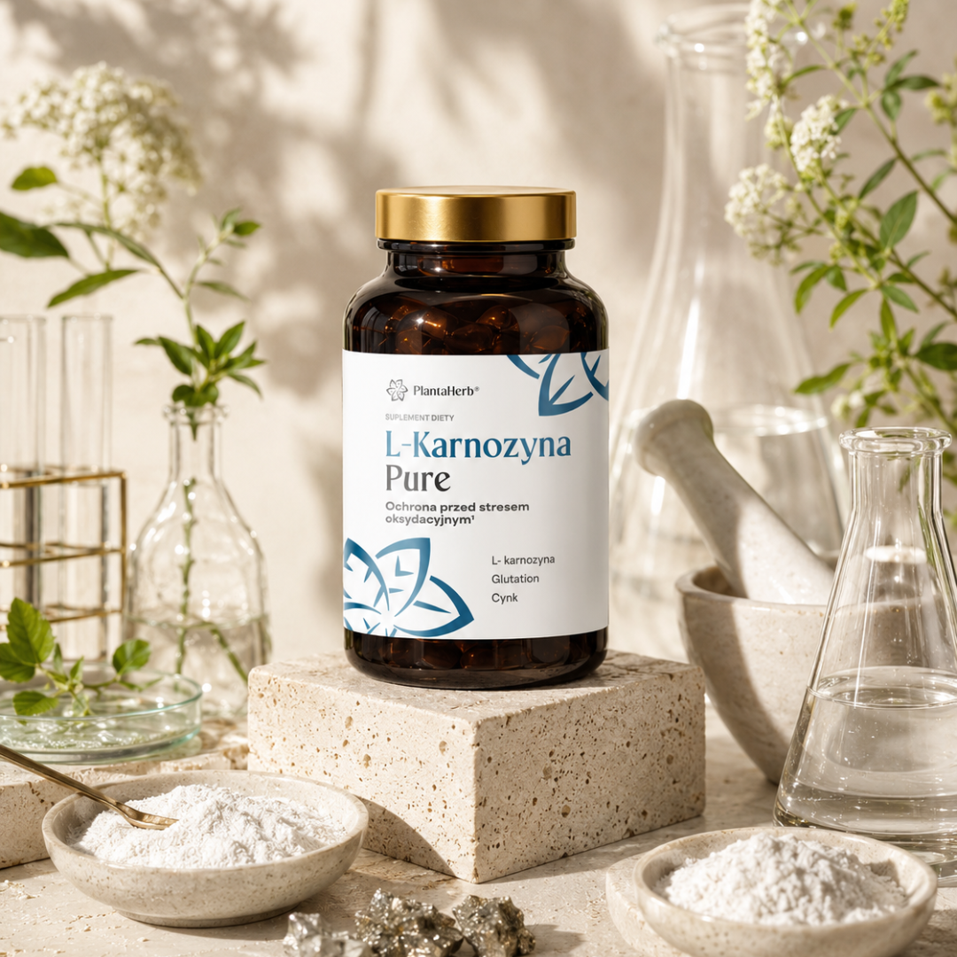 Suplement diety L-Karnozyna Pure PlantaHerb – kapsułki z L-karnozyną i glutationem, ujęcie aranżacyjne