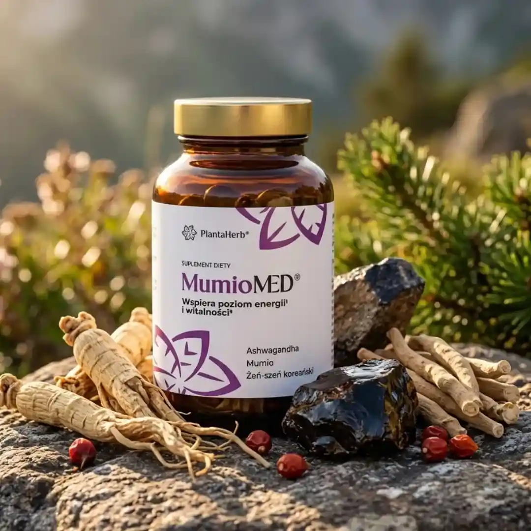 Suplement diety MumioMED PlantaHerb – kapsułki z mumio, ashwagandhą i kordycepsem, ujęcie aranżacyjne