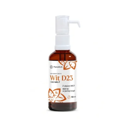 Butelka suplementu diety Witamina D3+K2 Pure PlantaHerb – krople z witaminą D3 i K2 MK-7 na oleju MCT